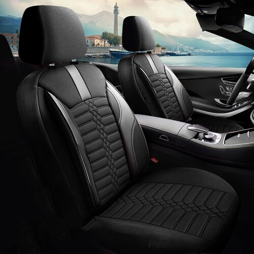 Set Huse Scaune Auto pentru Ssangyong Kyron - Panda Atena, material textil cu piele ecologica, cu fermoare pentru bancheta rabatabila, negru cu gri, 11 piese