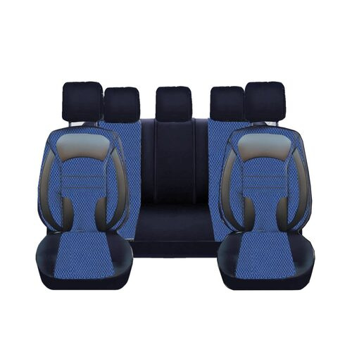 Set Huse Scaune Auto pentru Ssangyong Kyron - DeluxeBoss, stofa cu piele ecologica, pt bancheta rabatabila fractionata, negru cu albastru, 11 piese
