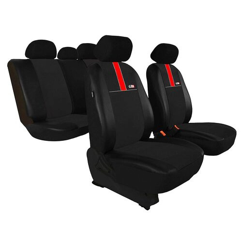 Set Huse Scaune Auto pentru Ssangyong Rexton - Pok-Ter GT8, Piele Ecologica si Material Textil tip Alcantara, Negru - Rosu, 9 piese