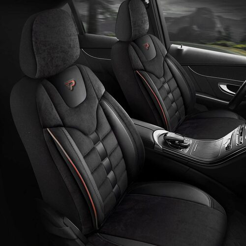 Set Huse Scaune Auto pentru Ssangyong Rexton - Panda Toronto, tip Alcantara, cu fermoare pentru bancheta rabatabila, negru cu cusatura rosie, 11 piese