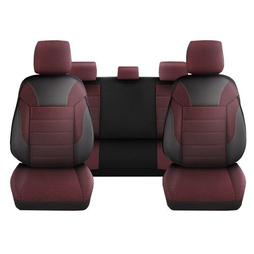 Set Huse Scaune Auto pentru Ssangyong Rexton - DeluxeBoss Classico, pentru bancheta rabatabila fractionata, 11 piese, negru rosu