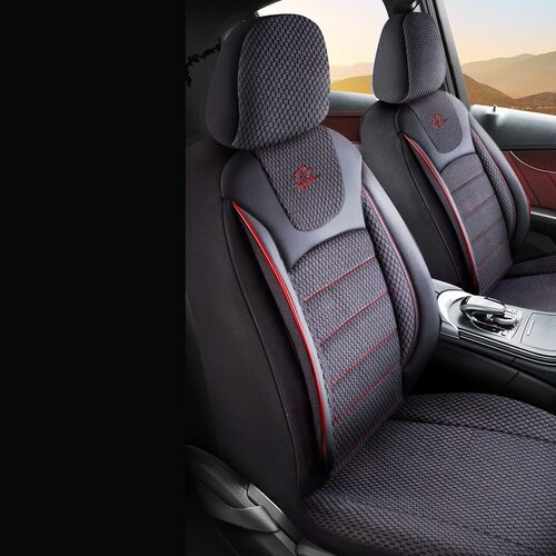 Set Huse Scaune Auto pentru Ssangyong Rexton - Panda Prestige, negru cu cusatura rosie, 11 piese