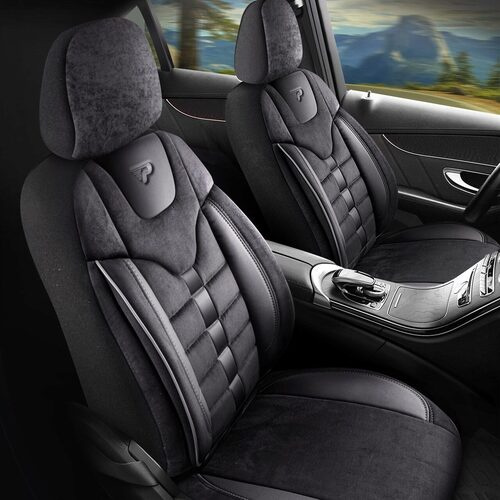 Set Huse Scaune Auto pentru Ssangyong Rexton - Panda Toronto, tip Alcantara, cu fermoare pentru bancheta rabatabila, negru, 11 piese
