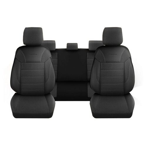 Set Huse Scaune Auto pentru Ssangyong Rexton - DeluxeBoss Classico, pentru bancheta rabatabila fractionata, 11 piese, negru gri