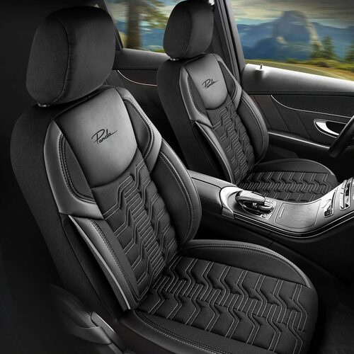 Set Huse Scaune Auto pentru Ssangyong Rexton - Panda Berlina, negru cu cusatura gri, 11 piese