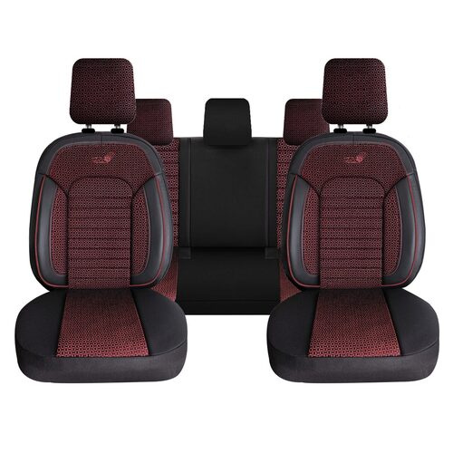 Set Huse Scaune Auto pentru Ssangyong Rexton - Panda Kas, material textil cu piele ecologica, cu fermoare pentru bancheta rabatabila, gri cu negru, 11 piese