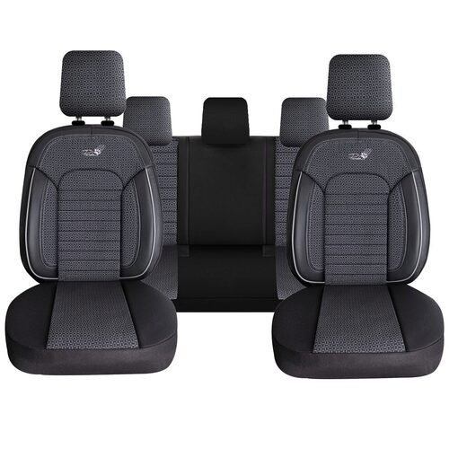 Set Huse Scaune Auto pentru Ssangyong Rexton - Panda Belek, material textil cu piele ecologica, cu fermoare pentru bancheta rabatabila, gri cu negru, 11 piese