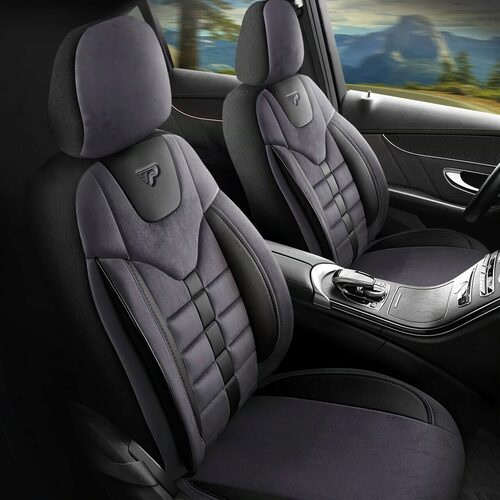 Set Huse Scaune Auto pentru Suzuki Swift - Panda Toronto, tip Alcantara, cu fermoare pentru bancheta rabatabila, negru gri, 11 piese