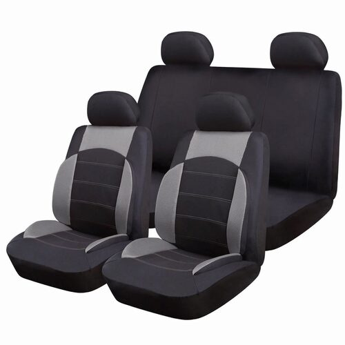 Set Huse Scaune Auto pentru Suzuki Swift - RoGroup Sport Line Gri, cu fermoare pentru bancheta rabatabila, 9 bucati
