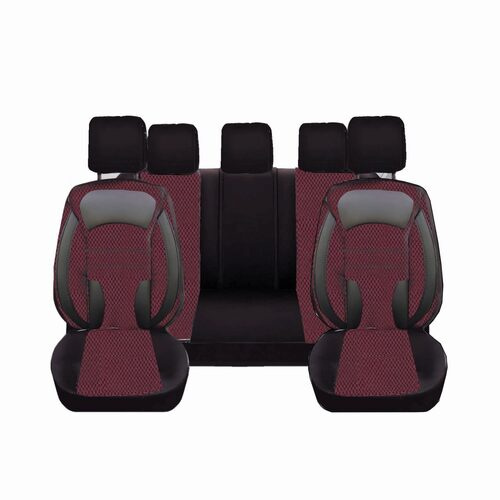 Set Huse Scaune Auto pentru Suzuki Swift - DeluxeBoss, stofa cu piele ecologica, pt bancheta rabatabila fractionata, negru cu rosu, 11 piese
