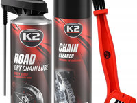 Set K2 Spray Curatat Lant Chain Cleaner 500ML W148NM + K2 Spray Lubrifiant Lant Road Dry Chain Lube 400ML K2-01635 + K2 Perie Curatat Lant W612