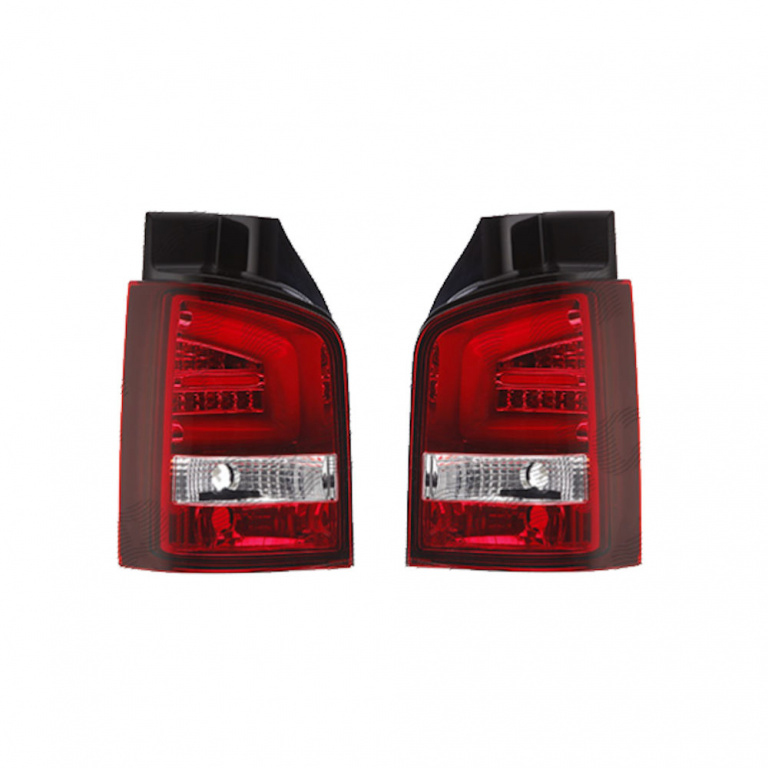 Set lampa spate tuning VW Transporter/MULTIVAN (T5), 2003-2009 (cu 1 usa din spate), tuning, rosu-alb-transparent, cu lampa de parcare fibra-optica cu LED, si cu suport becuri, partea stanga+dreapta, Taiwan