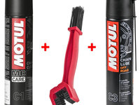 Set Motul Spray Curatat Lant Chain Clean C1 400ML 102980 + Motul Spray Ungere Lant Moto Chain Lube Off Road C3 400ML 102982 + K2 Perie Curatat Lant W612