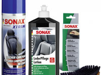 Set Sonax Xtreme Nano Pro Spumă Pentru Ingrijirea Tapițeriei Din Piele 250ML 289100 + Sonax Solutie Curatat Piele 250ML 291141 + Sonax Perie Curatat Tapiterie Textil Si Piele 416741