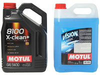 Set Ulei Motor Motul 8100 X-Clean+ 5W-30 5L 106377 + Motul Solutie Parbriz Iarna Vision Winter -20°C 5L 107787