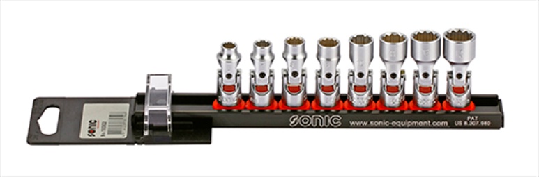 Sonic Cardan socket set 1/4'', 12 pt. on rail 8-pcs.