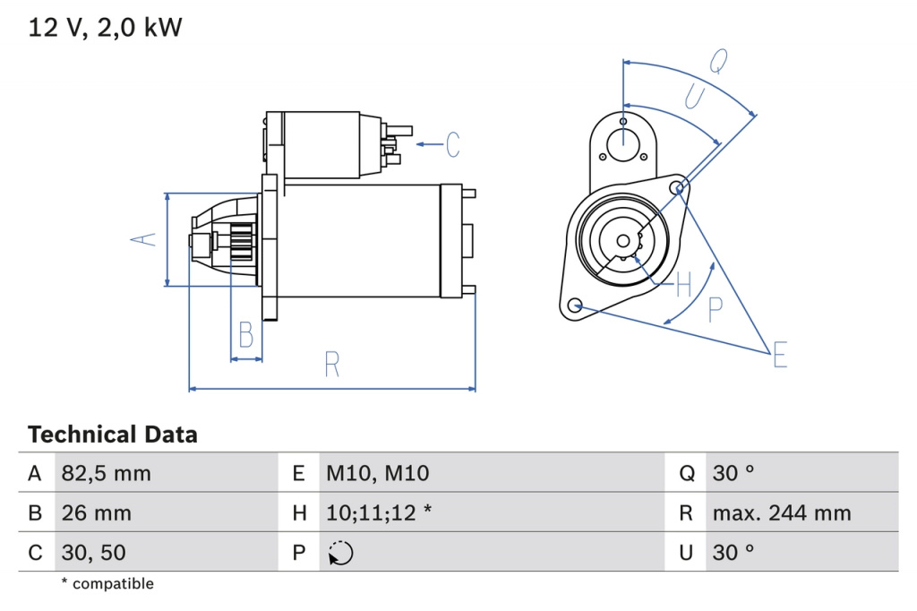Starter BOSCH 0986017260 model SSANGYONG ACTYON I D20DT 1998cc 136cp 100kW 2005 2006 2007 2008 2009 2010 2011 2012 2013