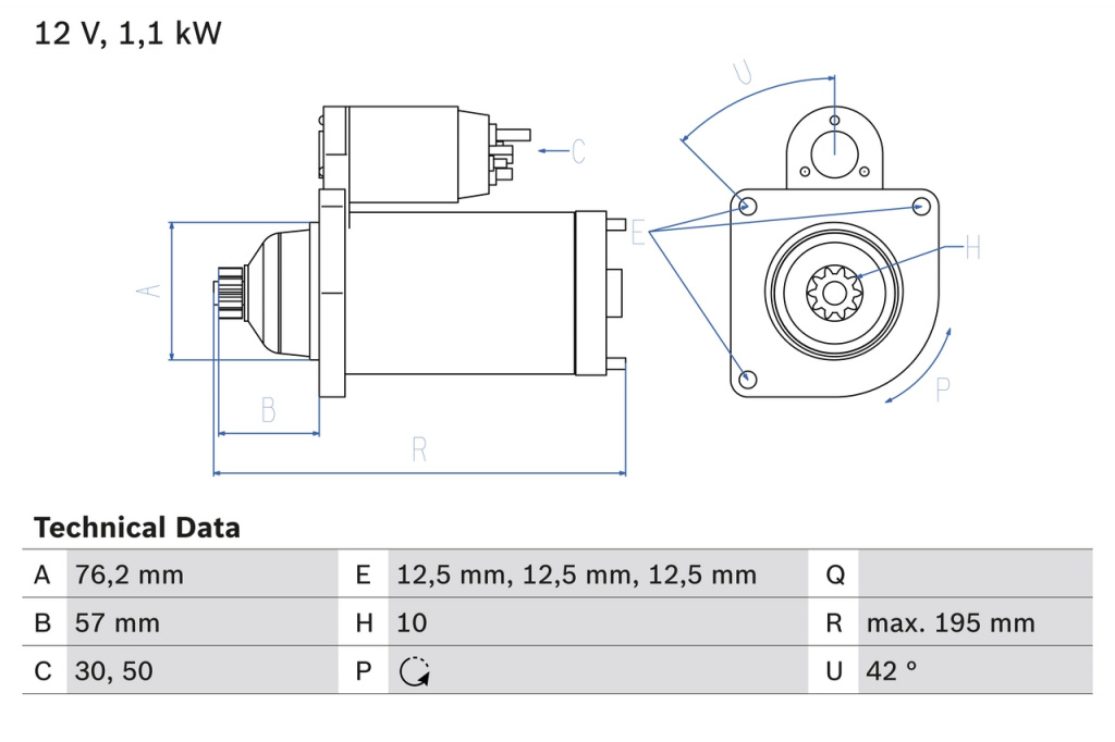 Starter BOSCH 0986020330 model VW EOS (1F7, 1F8) BLF 1598cc 115cp 85kW 2006 2007 2008