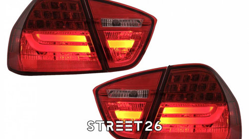 Stopuri LED Light Bar LCI Design Compatibil Cu BMW E90 Seria 3 Limuzina (2005-2008) Rosu Clar