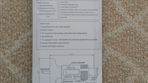 Subler digital LCD pentru masurare uzura / adancime nervuri anvelopa 0~25mm